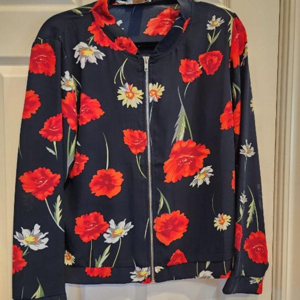 KIKIT POLYESTER BOMBER JACKET - NAVY WITH RED AND YELLOW FLOWERS - NWOT